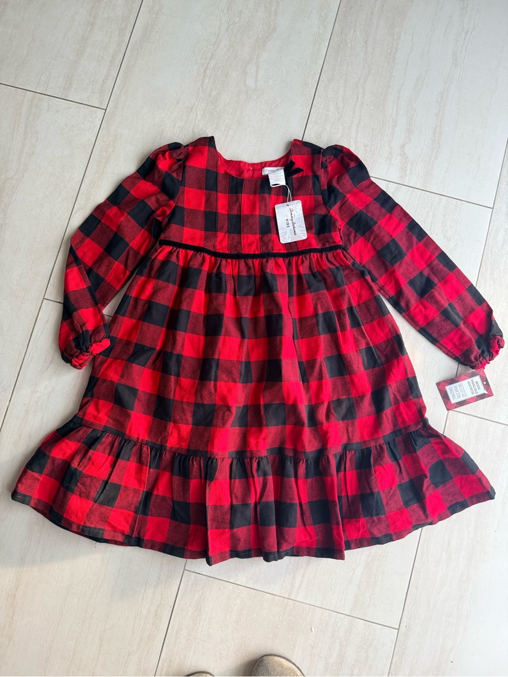 Tommy Bahama Girls Red and Black Buffalo Plaid Long-Sleeve Dress